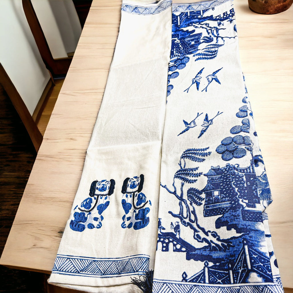 Chinoiserie Tea Towels 100% Cotton Oversized Embroidered Dish Towels Tassels