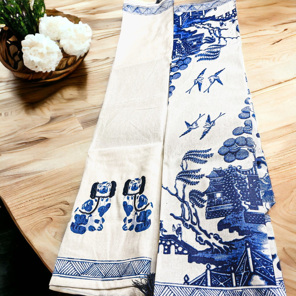 Chinoiserie Tea Towels 100% Cotton Oversized Embroidered Dish Towels Tassels