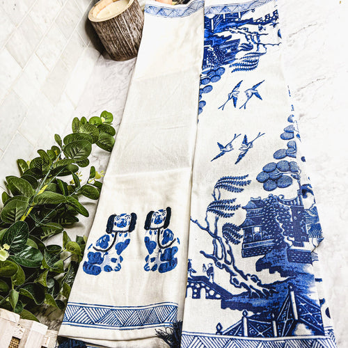 Chinoiserie Tea Towels 100% Cotton Oversized Embroidered Dish Towels Tassels