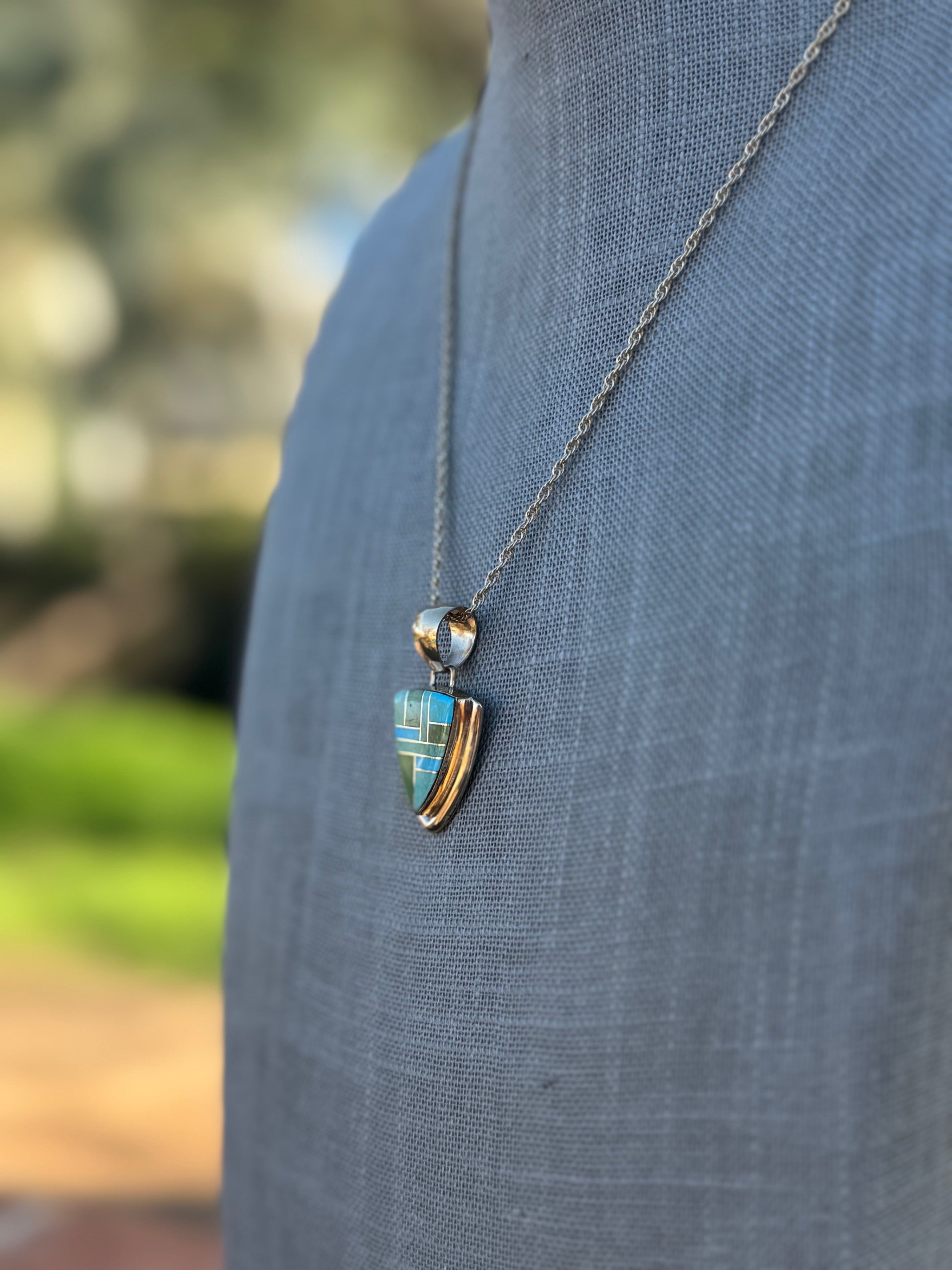 Handmade Gold Filled Over Sterling Silver & Sonoran Mountain Turquoise Inlay Pendant Necklace 18"