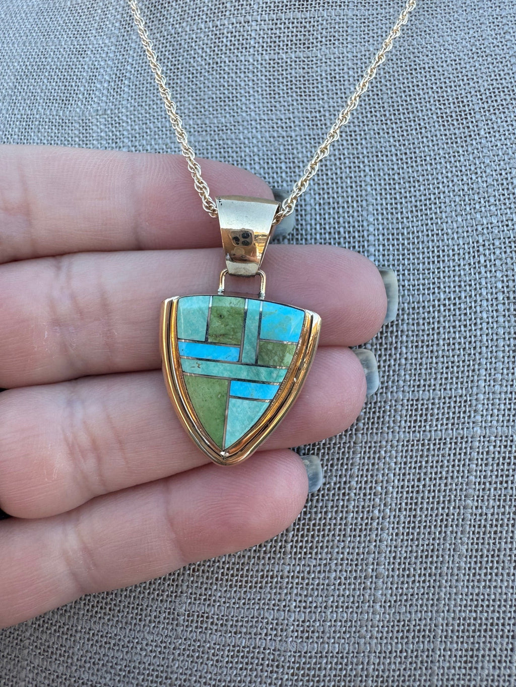 Handmade Gold Filled Over Sterling Silver & Sonoran Mountain Turquoise Inlay Pendant Necklace 18"