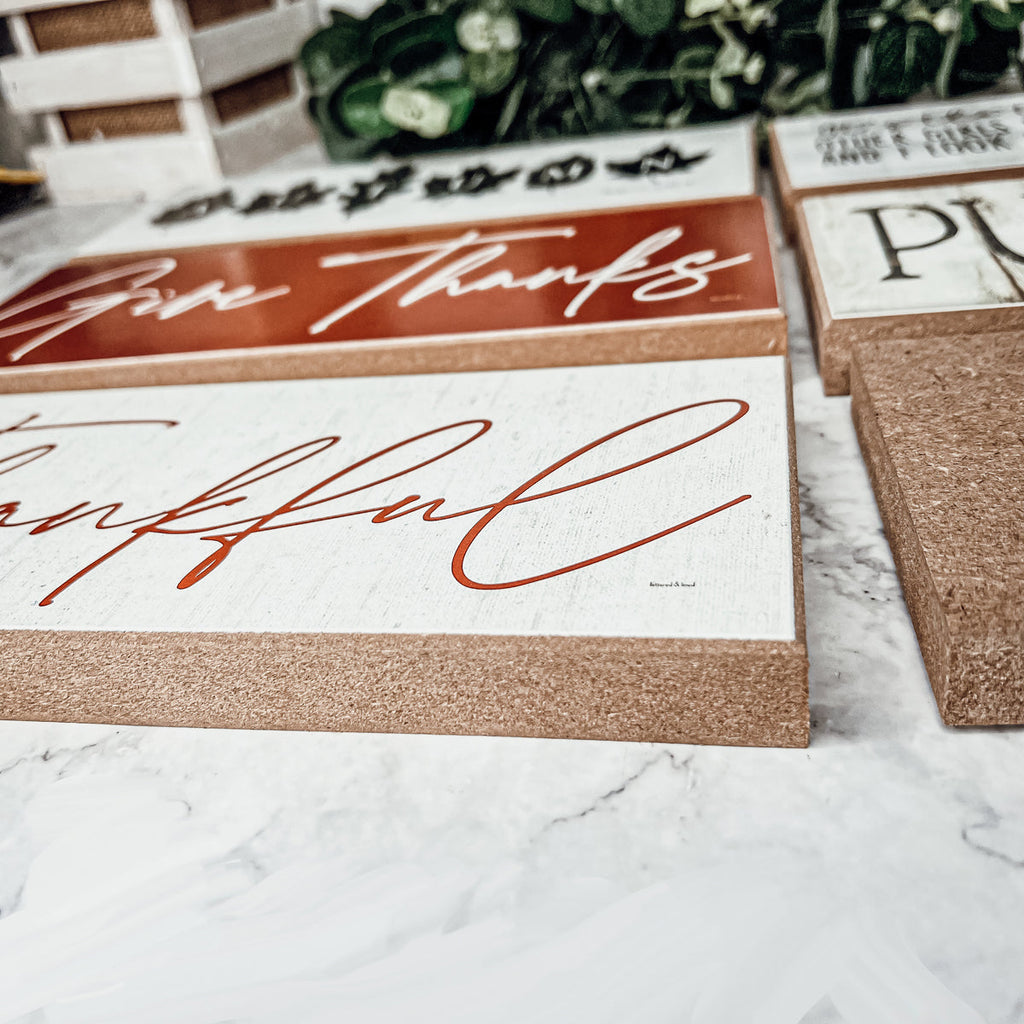 Give Thanks Rustic Wall Sign Set 10x4x1 Inch, Rust Background White Script, Single Or 2-Pack