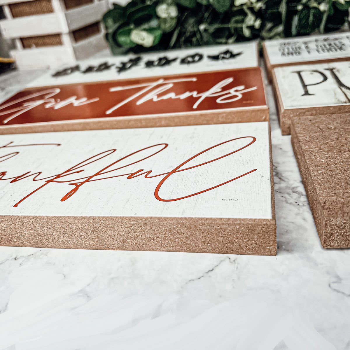Give Thanks Rustic Wall Sign Set 10x4x1 Inch, Rust Background White Script, Single Or 2-Pack