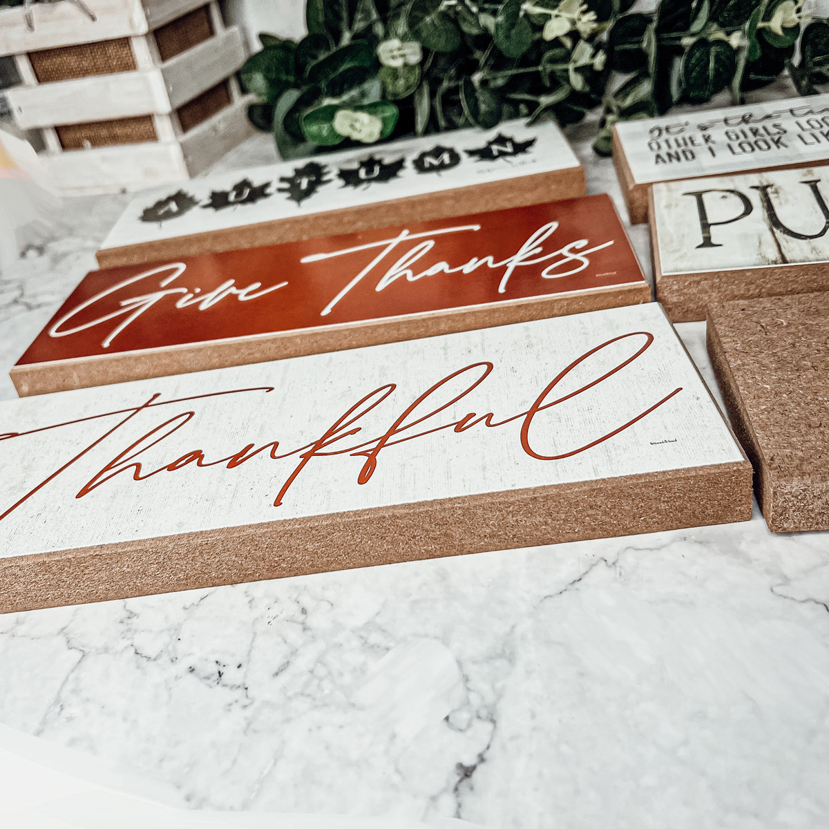 Give Thanks Rustic Wall Sign Set 10x4x1 Inch, Rust Background White Script, Single Or 2-Pack