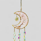 Gold Metal Crescent Moon Dreamcatcher Suncatcher with Tree of Life Rose Quartz & Hanging Jewel Charms  -- Window Hanging or Wall Hanging