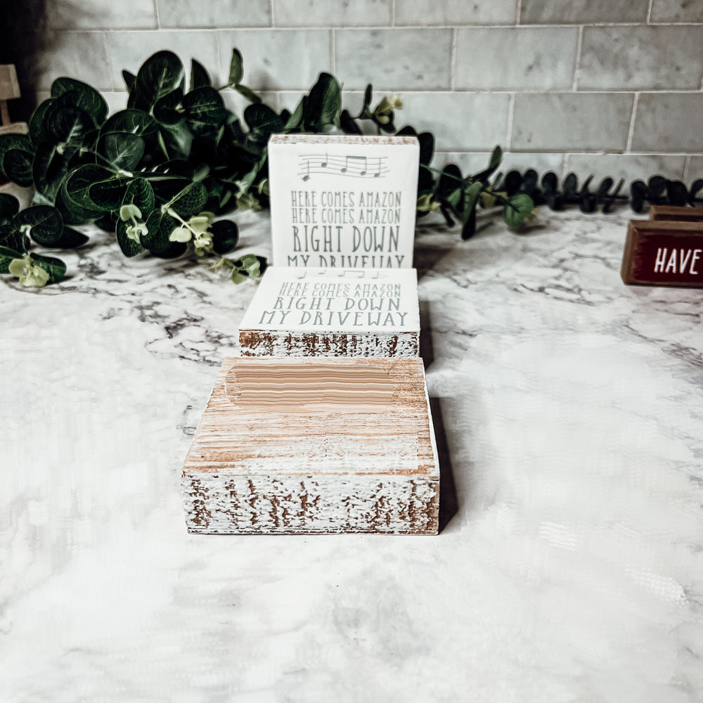 Here Comes Amazon Sign Wooden Block Porch Decor Funny Delivery Gift Home Accent Sign