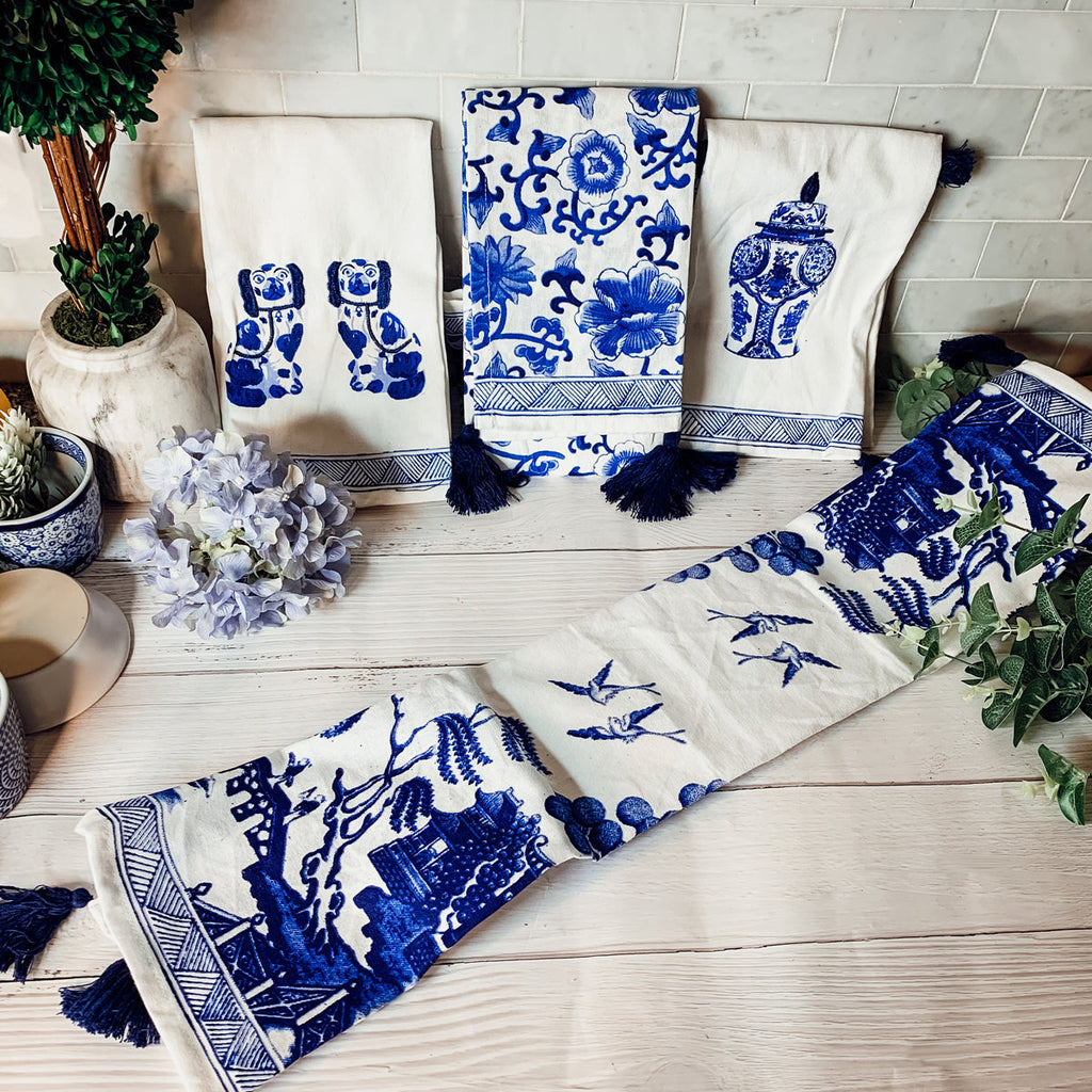 Chinoiserie Tea Towels 100% Cotton Oversized Embroidered Dish Towels Tassels