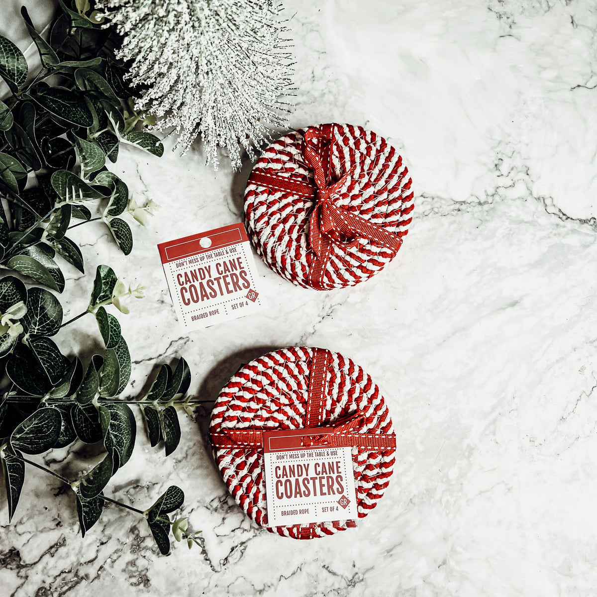 Black Braided Coaster Set 4-Pack Candy Cane Stripe Coasters Table Protectors
