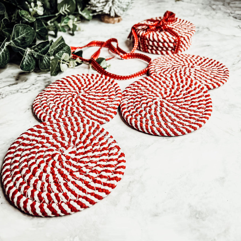 Black Braided Coaster Set 4-Pack Candy Cane Stripe Coasters Table Protectors