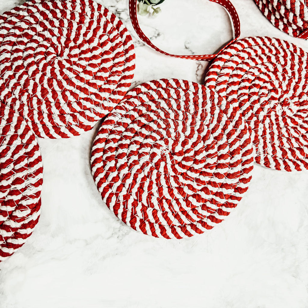Black Braided Coaster Set 4-Pack Candy Cane Stripe Coasters Table Protectors