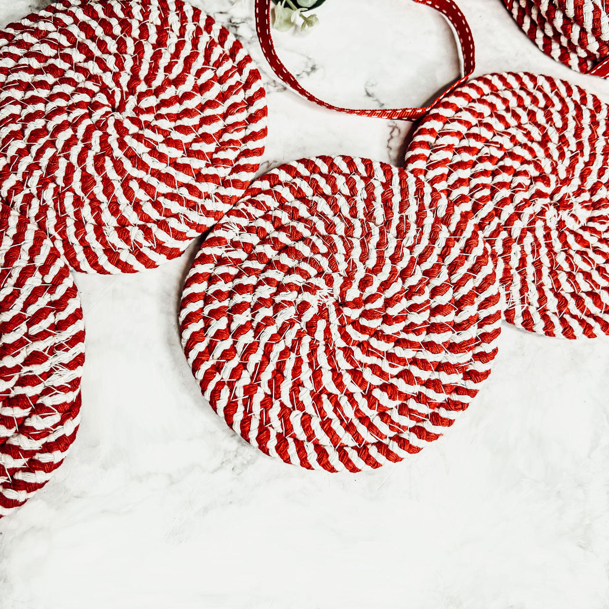 Black Braided Coaster Set 4-Pack Candy Cane Stripe Coasters Table Protectors