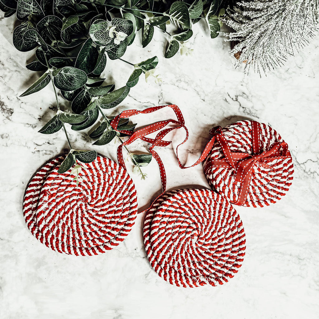 Black Braided Coaster Set 4-Pack Candy Cane Stripe Coasters Table Protectors