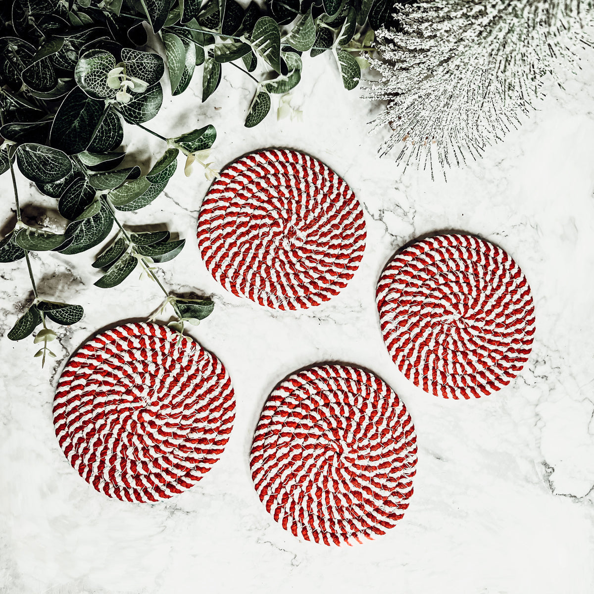 Black Braided Coaster Set 4-Pack Candy Cane Stripe Coasters Table Protectors