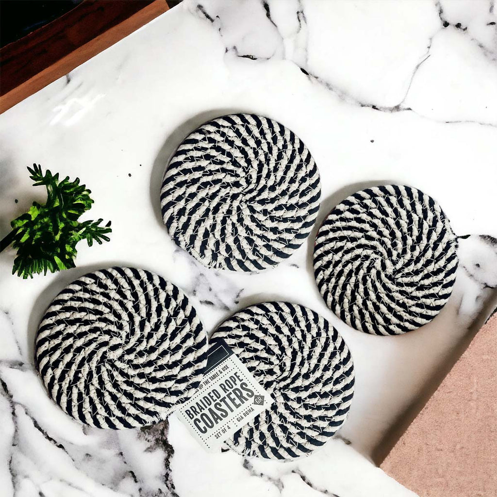 Black Braided Coaster Set 4-Pack Candy Cane Stripe Coasters Table Protectors