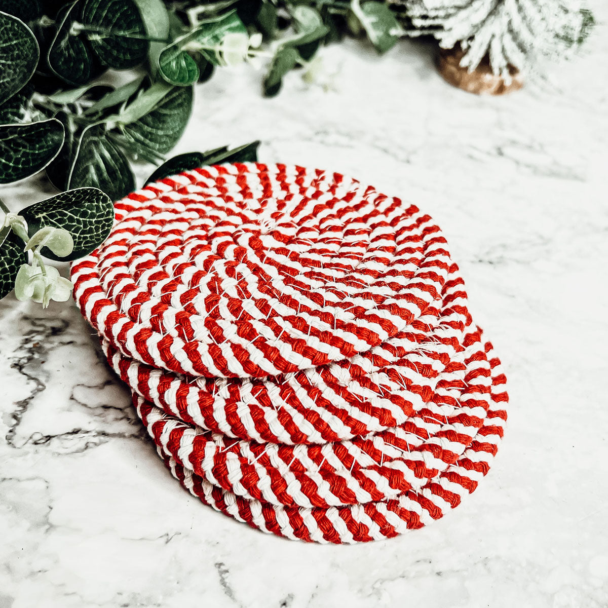 Black Braided Coaster Set 4-Pack Candy Cane Stripe Coasters Table Protectors