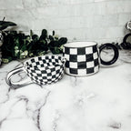 Small Black White Checkered Mug Retro Hand Painted Glossy Ceramic Dishwasher Microwave Safe