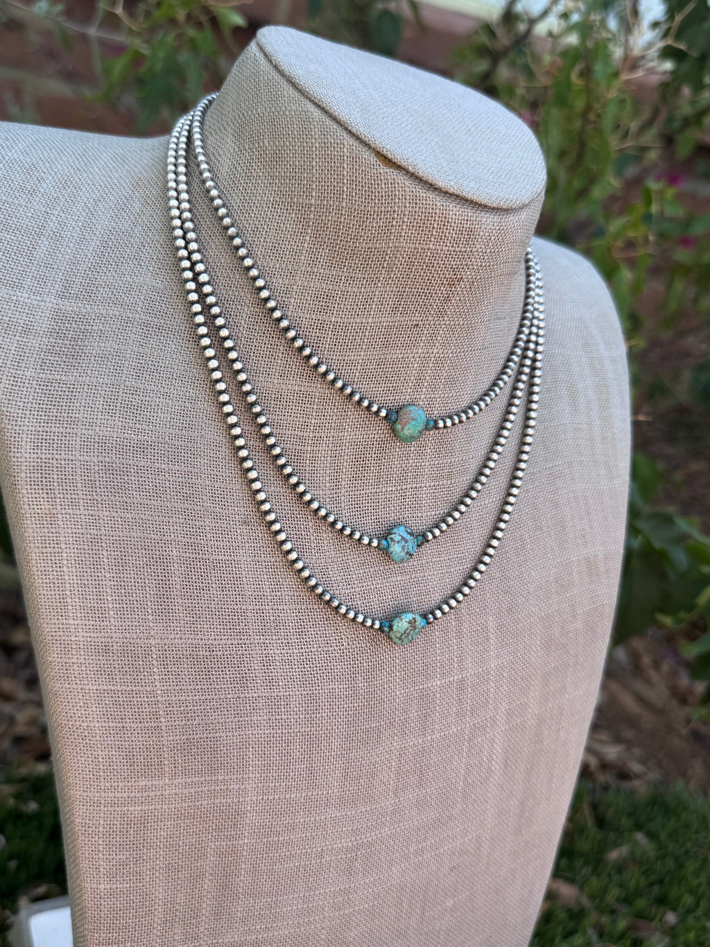 Handcrafted Sterling Silver & Pillow Turquoise 3mm Beaded Necklace