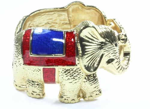 Brass Hinged Elephant Bangle With Red Blue Enamel Accent