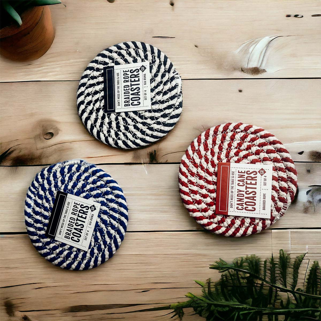 Black Braided Coaster Set 4-Pack Candy Cane Stripe Coasters Table Protectors