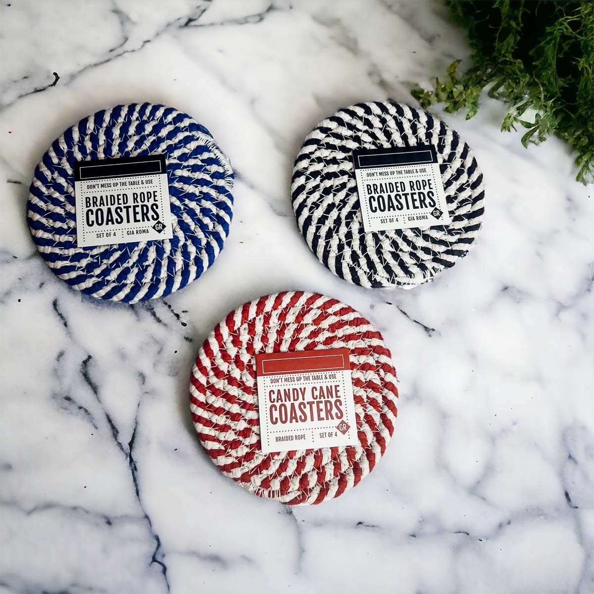 Black Braided Coaster Set 4-Pack Candy Cane Stripe Coasters Table Protectors