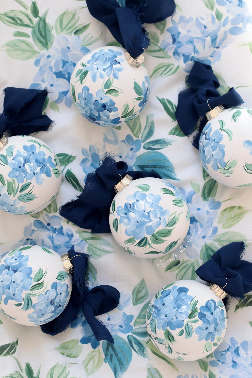Blue hydrangea chinoiserie hand-painted ornament