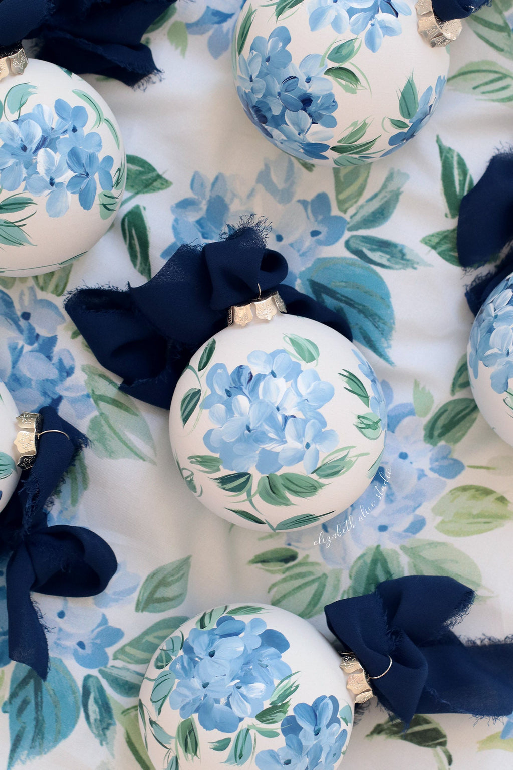Blue hydrangea chinoiserie hand-painted ornament