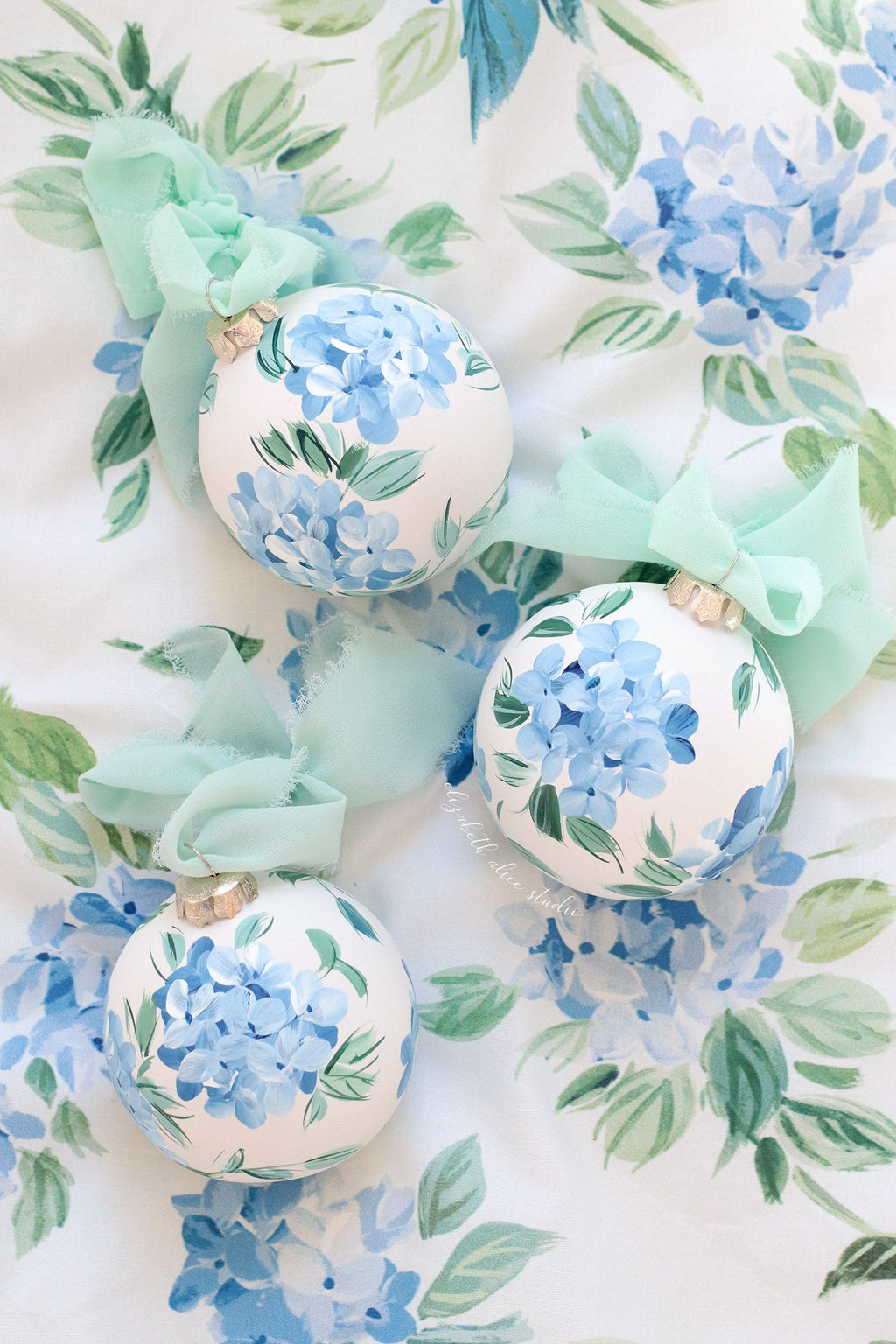 Blue hydrangea chinoiserie hand-painted ornament