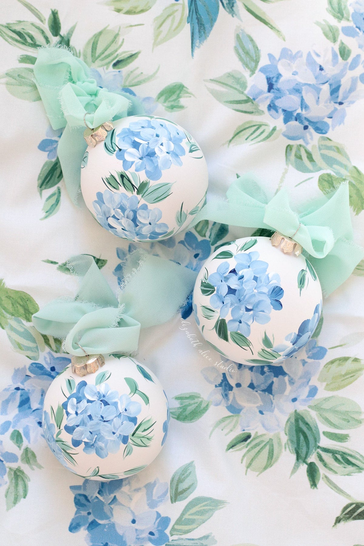 Blue hydrangea chinoiserie hand-painted ornament