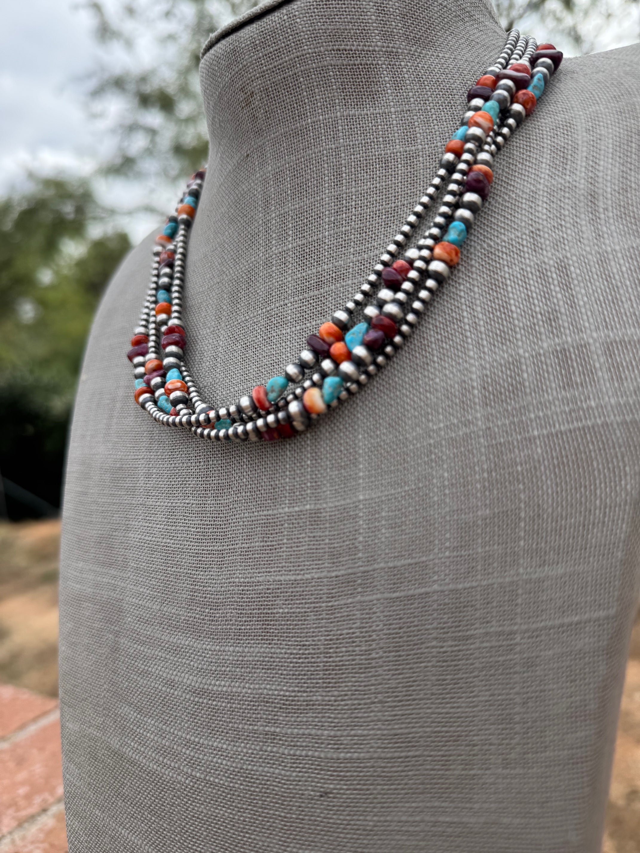 Handcrafted Multi Stone & Sterling Silver 3-5mm Beaded Necklace 18"