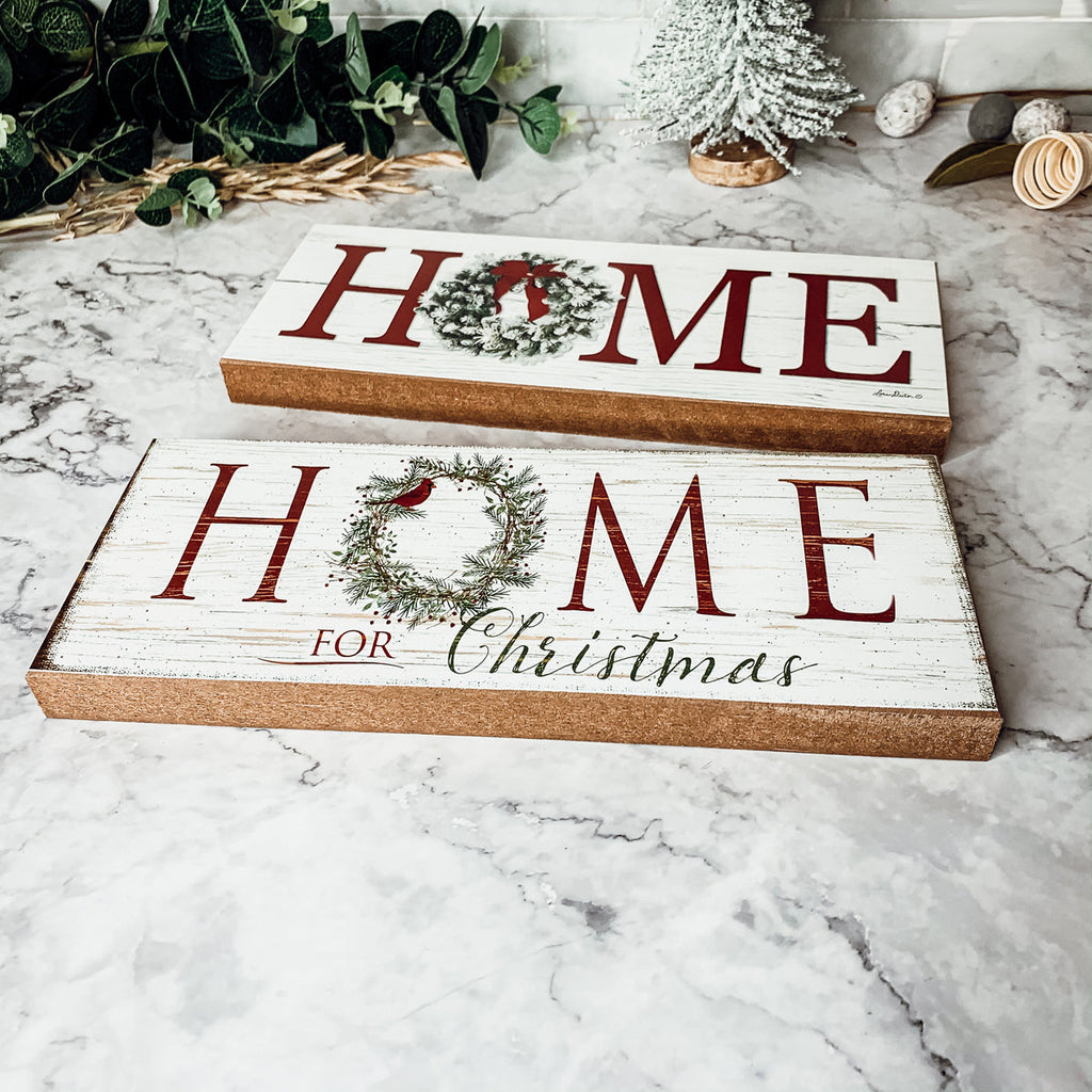 Home For Christmas Wooden Sign With Wreath Holiday Mantel Shelf Decor