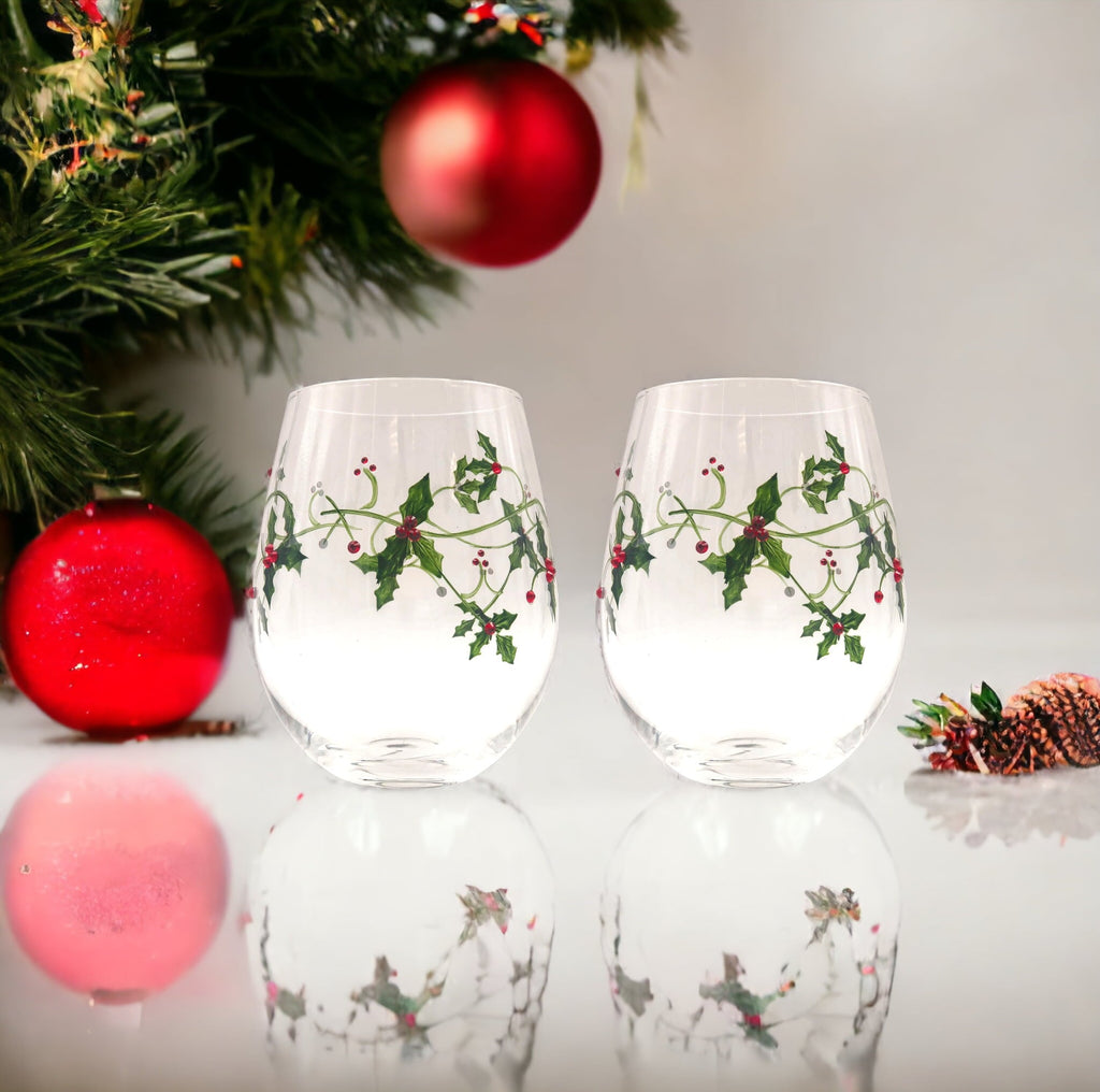 Christmas Holly Stemless Wine Glasses