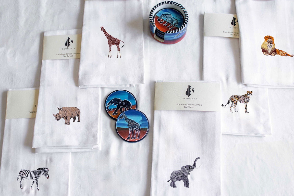 African Wildlife Cotton Tea Towels - Handmade Kitchen Gift