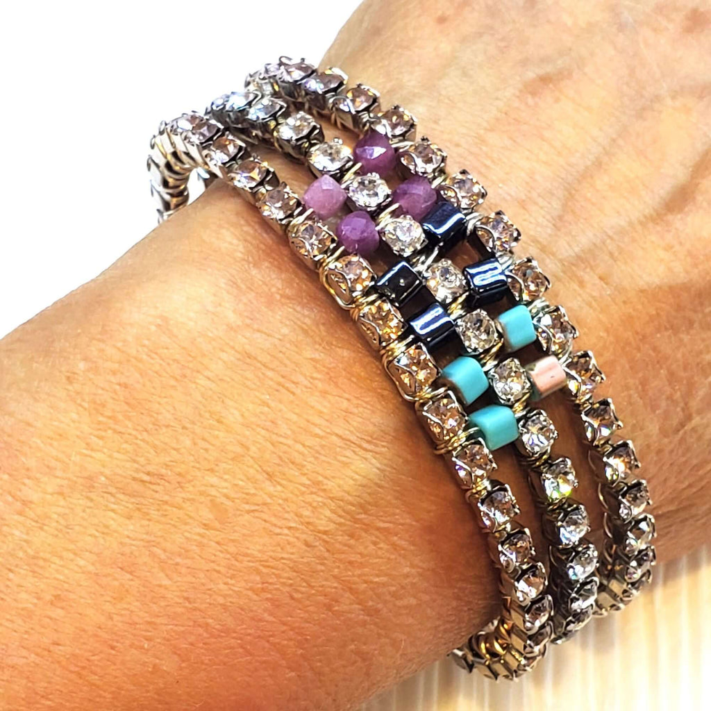 Large Copper Wire Wrapped Triple Glam Crystal Gemstone Cuff
