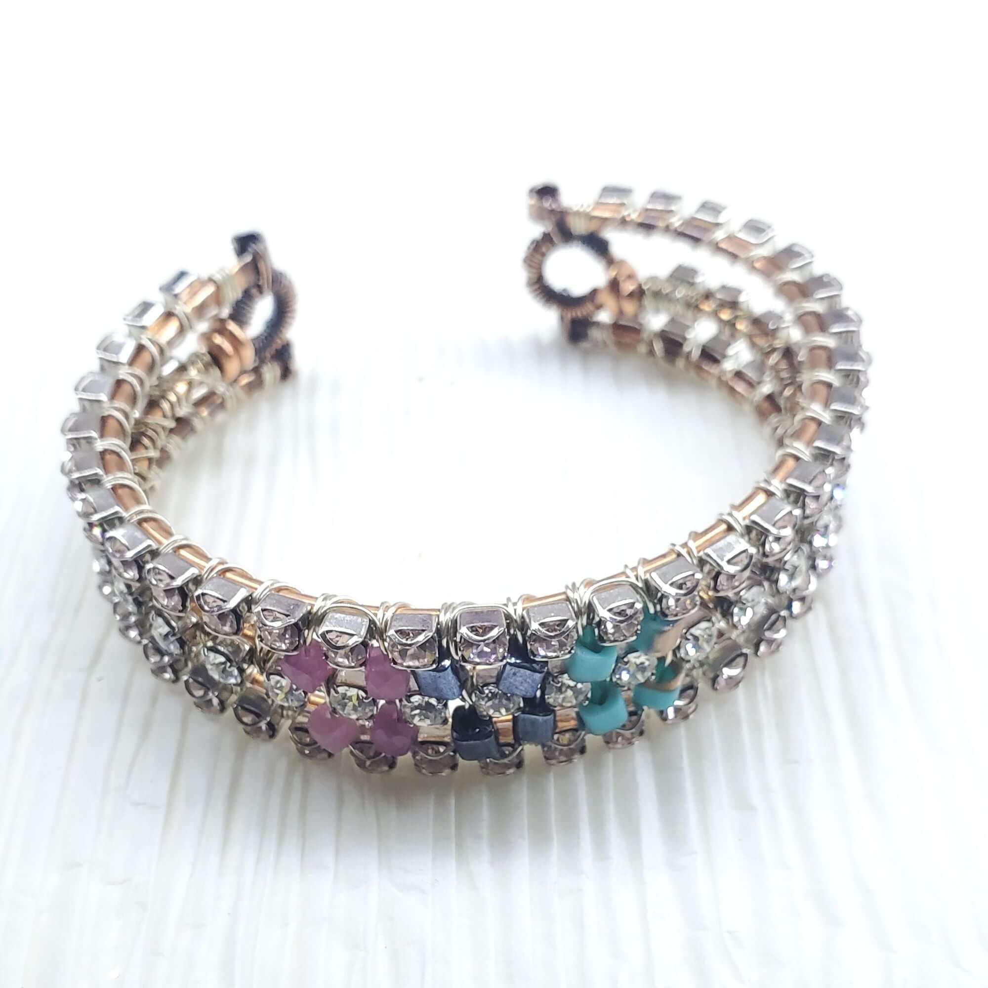 Large Copper Wire Wrapped Triple Glam Crystal Gemstone Cuff