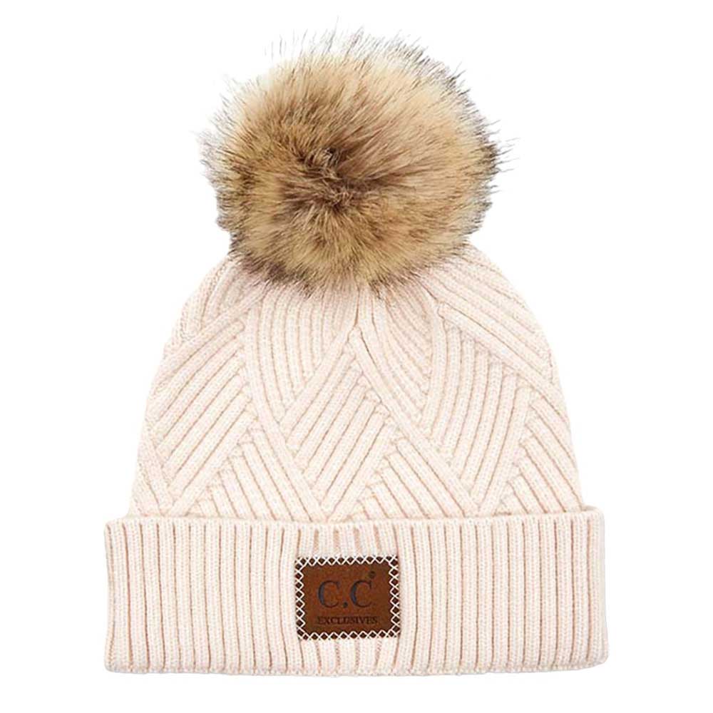 C.C Women's Heather Beanie Hat With Pom And Suede Patch