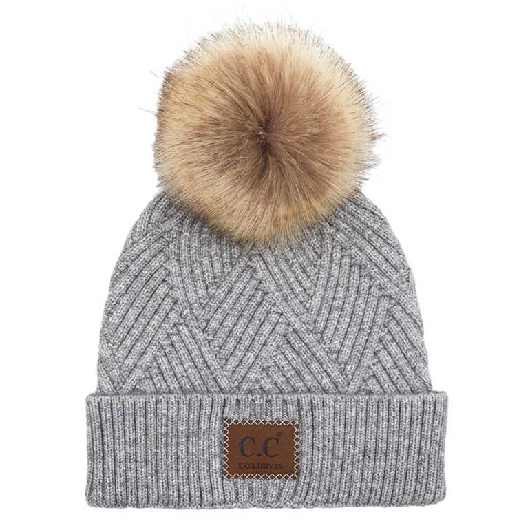 C.C Women's Heather Beanie Hat With Pom And Suede Patch