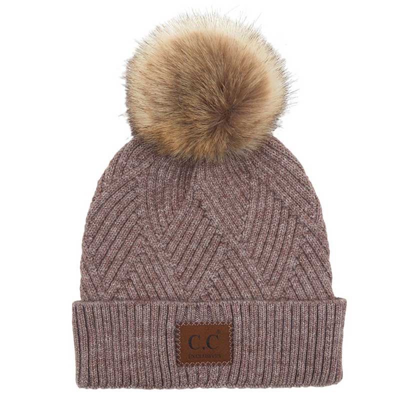 C.C Women's Heather Beanie Hat With Pom And Suede Patch