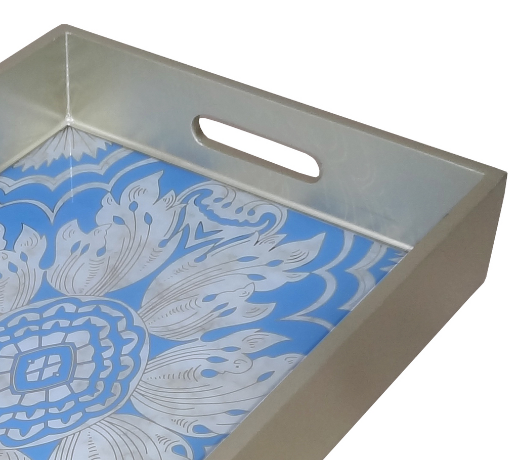 Handmade Reverse Painted Mirror Tray Sky Blue - Medium Arcadia Home