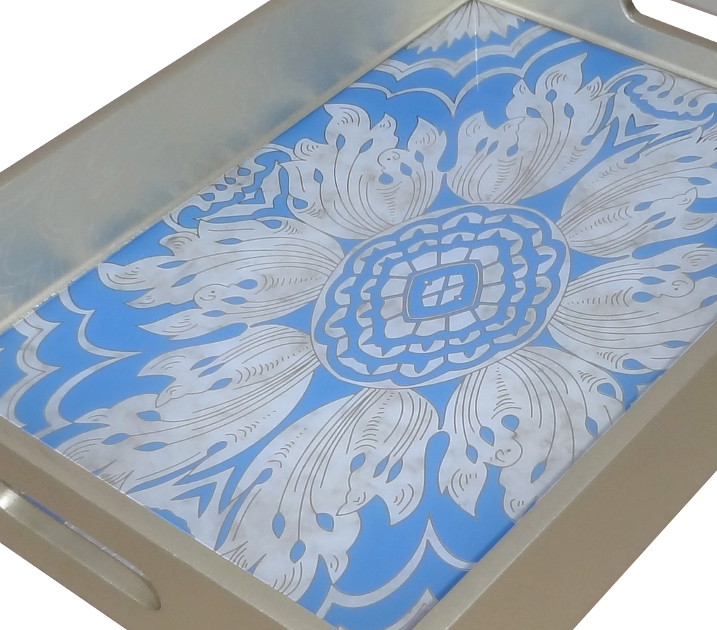 Handmade Reverse Painted Mirror Tray Sky Blue - Medium Arcadia Home
