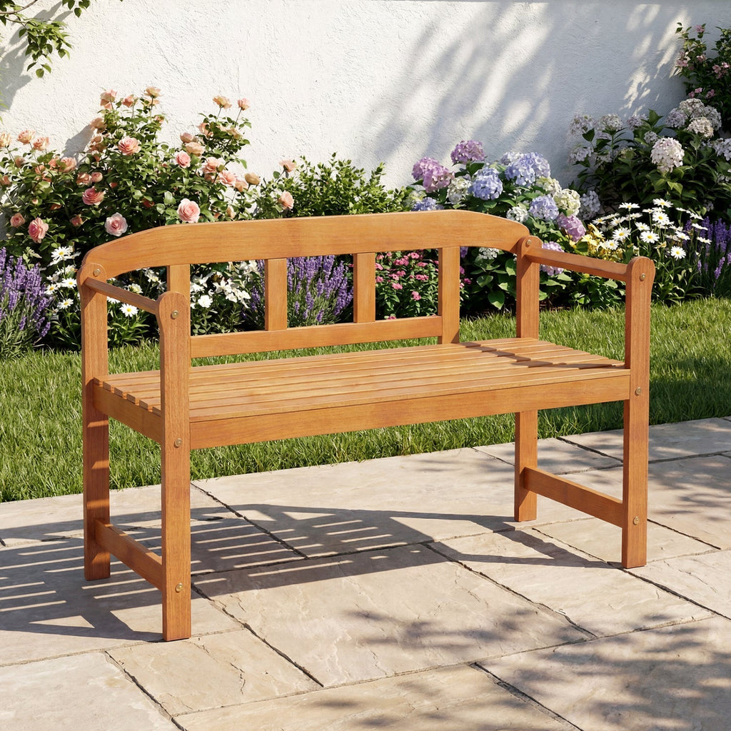 2-Seater Acacia Wood Garden Bench with Backrest & Armrests