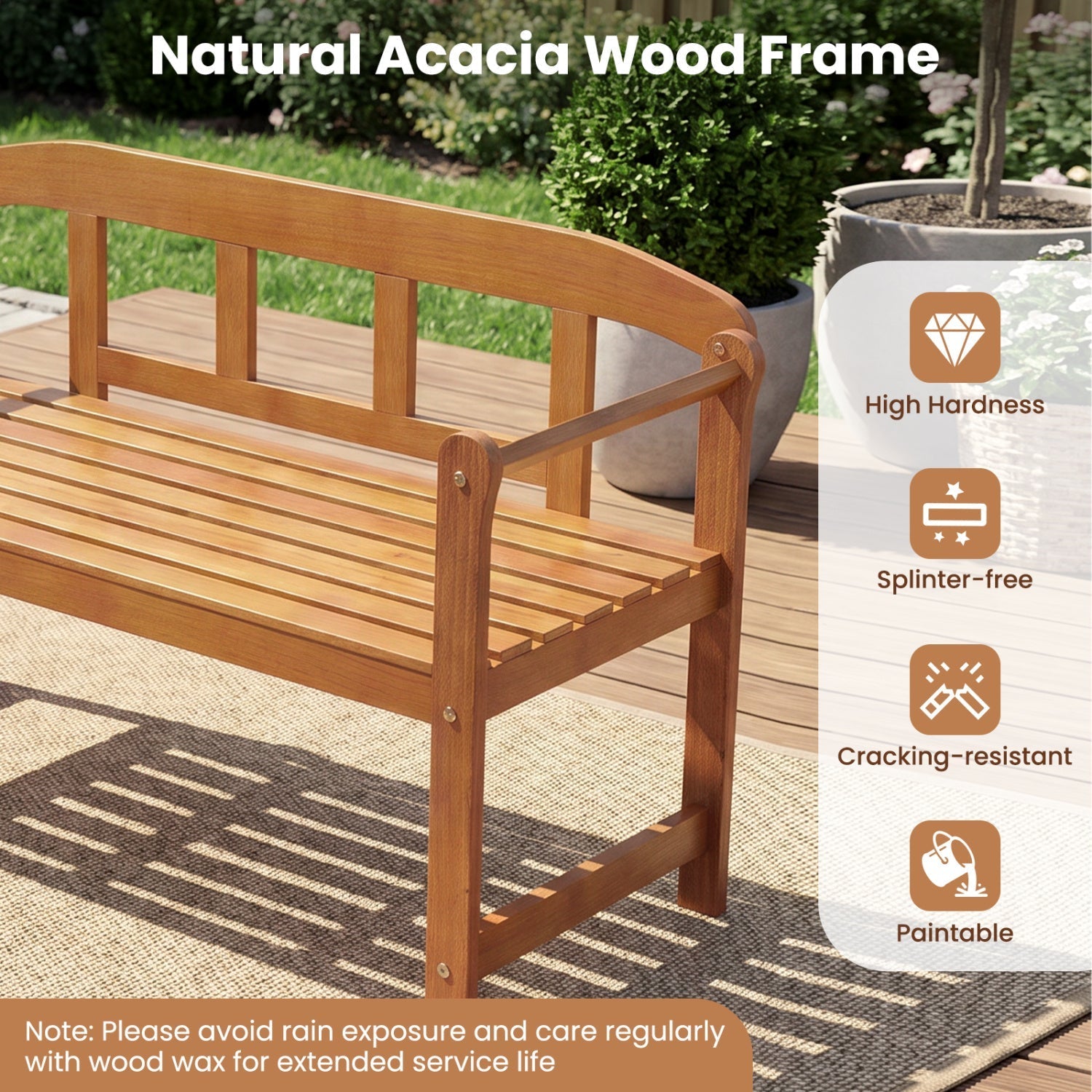 2-Seater Acacia Wood Garden Bench with Backrest & Armrests