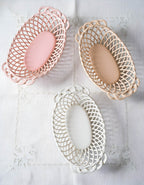 Ceramic Oval Basket – Hand-Woven Dish in White, Beige & Pink Glazed Porcelain