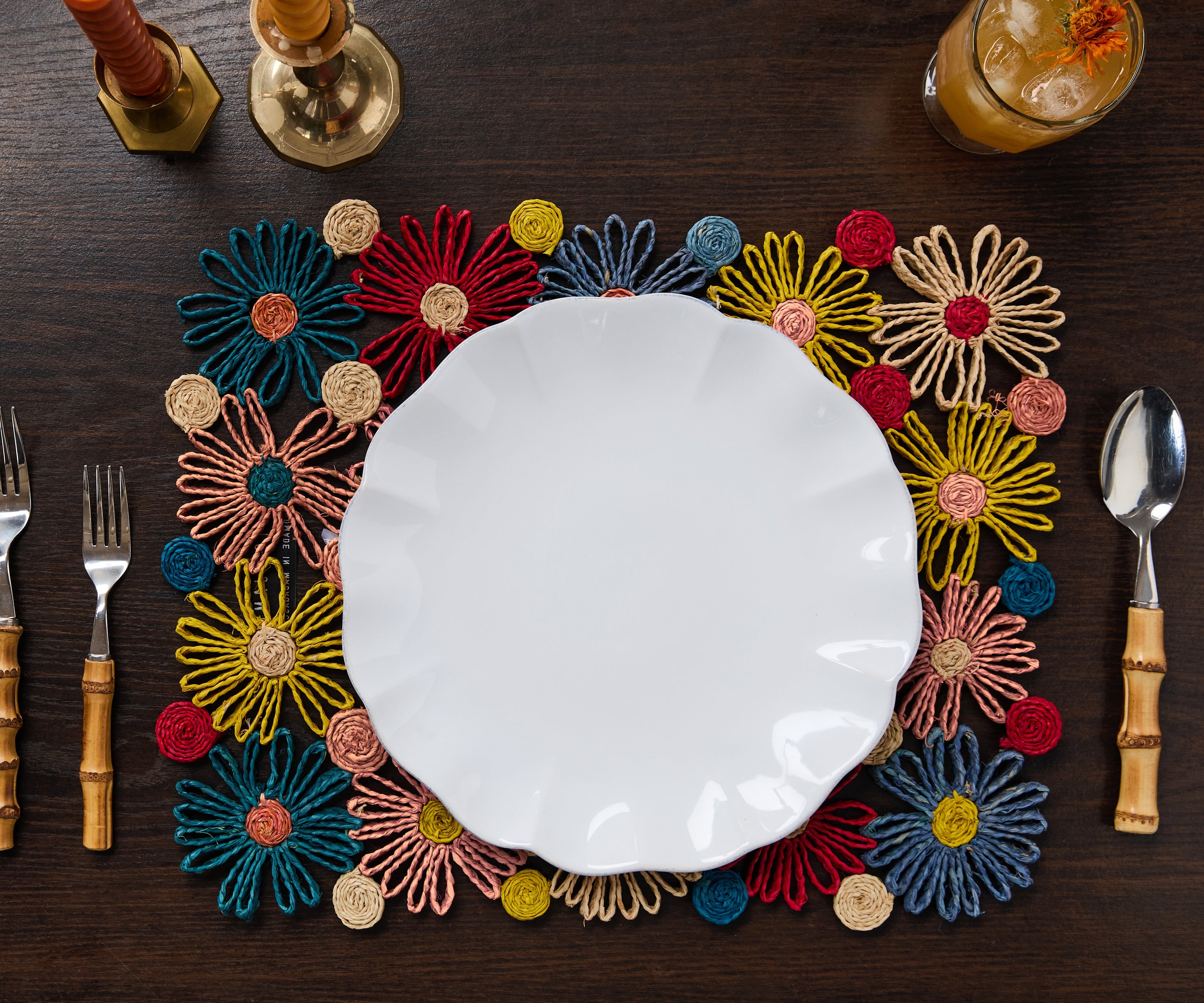 Fleur Raffia placemat, Multicolor Flowers woven tabletop