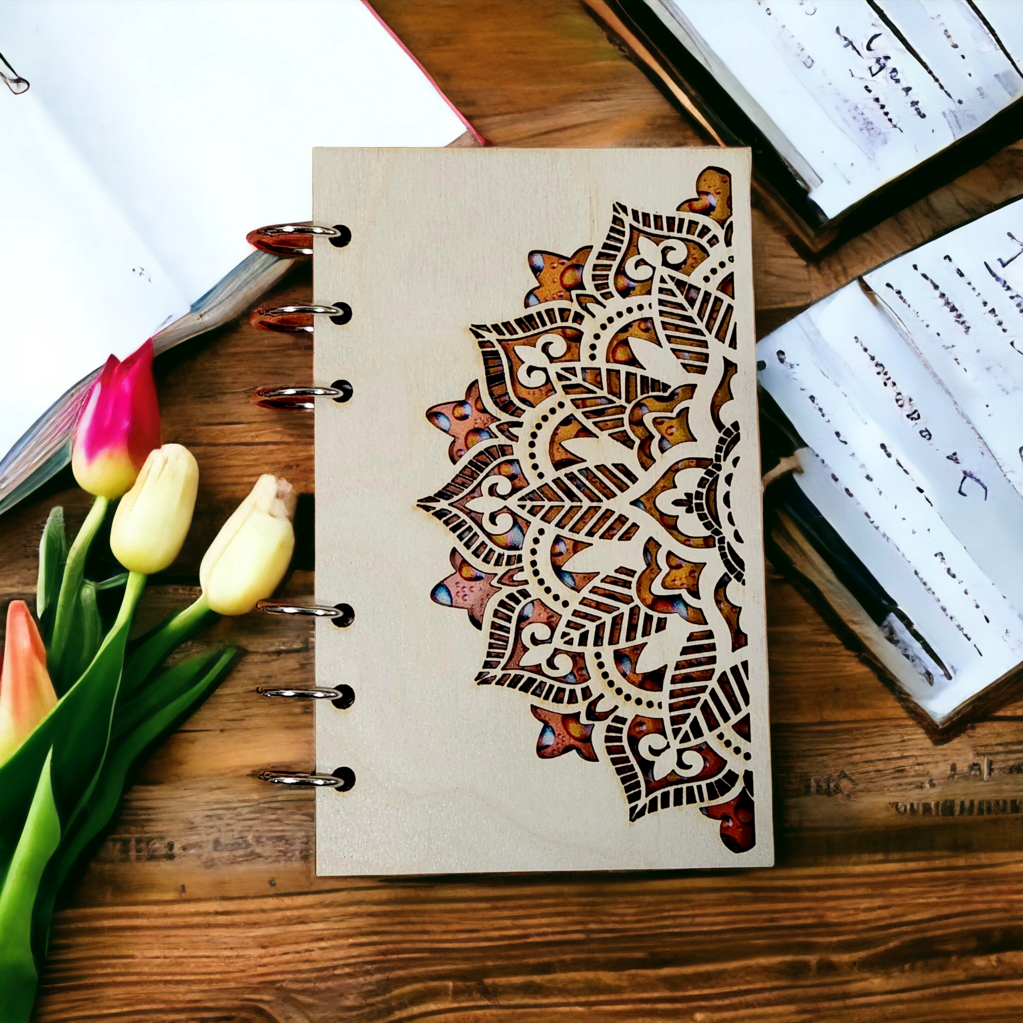 Refillable Wooden Mandala Notebook – Personalized Journal (A6 Paper)