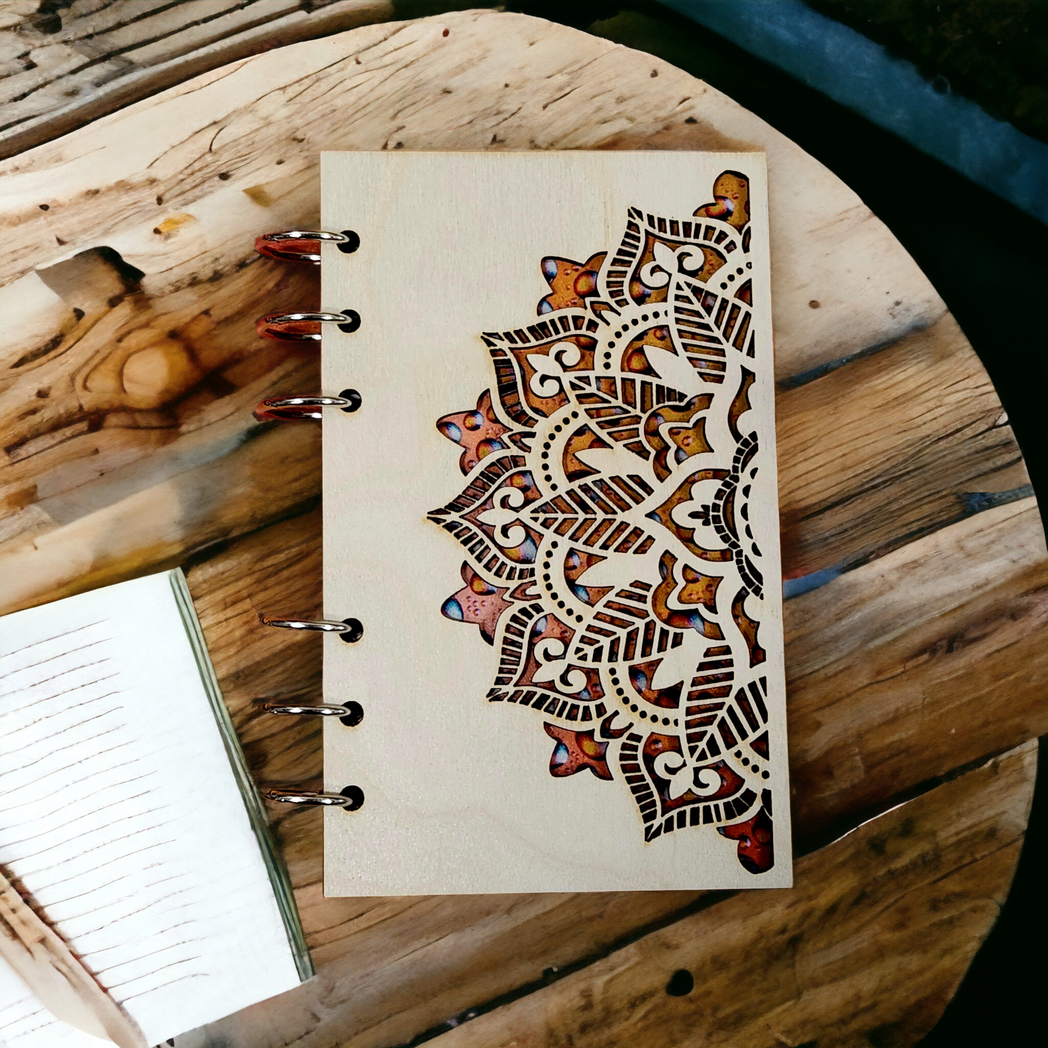 Refillable Wooden Mandala Notebook – Personalized Journal (A6 Paper)