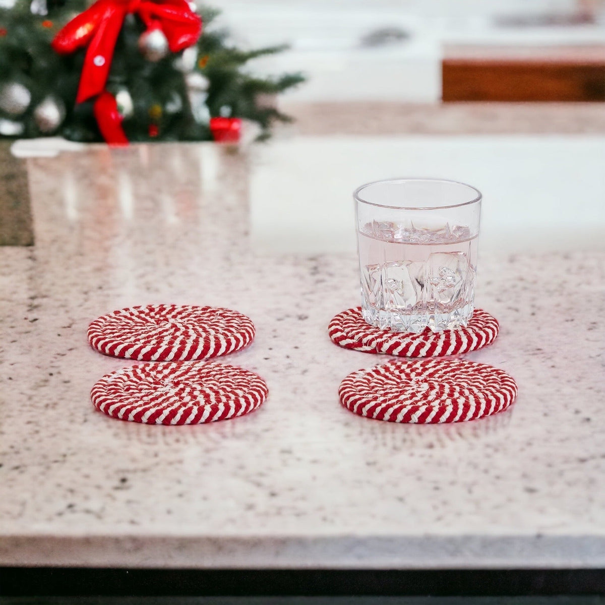Black Braided Coaster Set 4-Pack Candy Cane Stripe Coasters Table Protectors