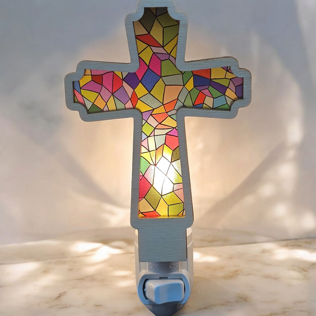 Cross Night Light - Handcrafted Stained Glass-Inspired Cross Nightlight – LED Accent Light