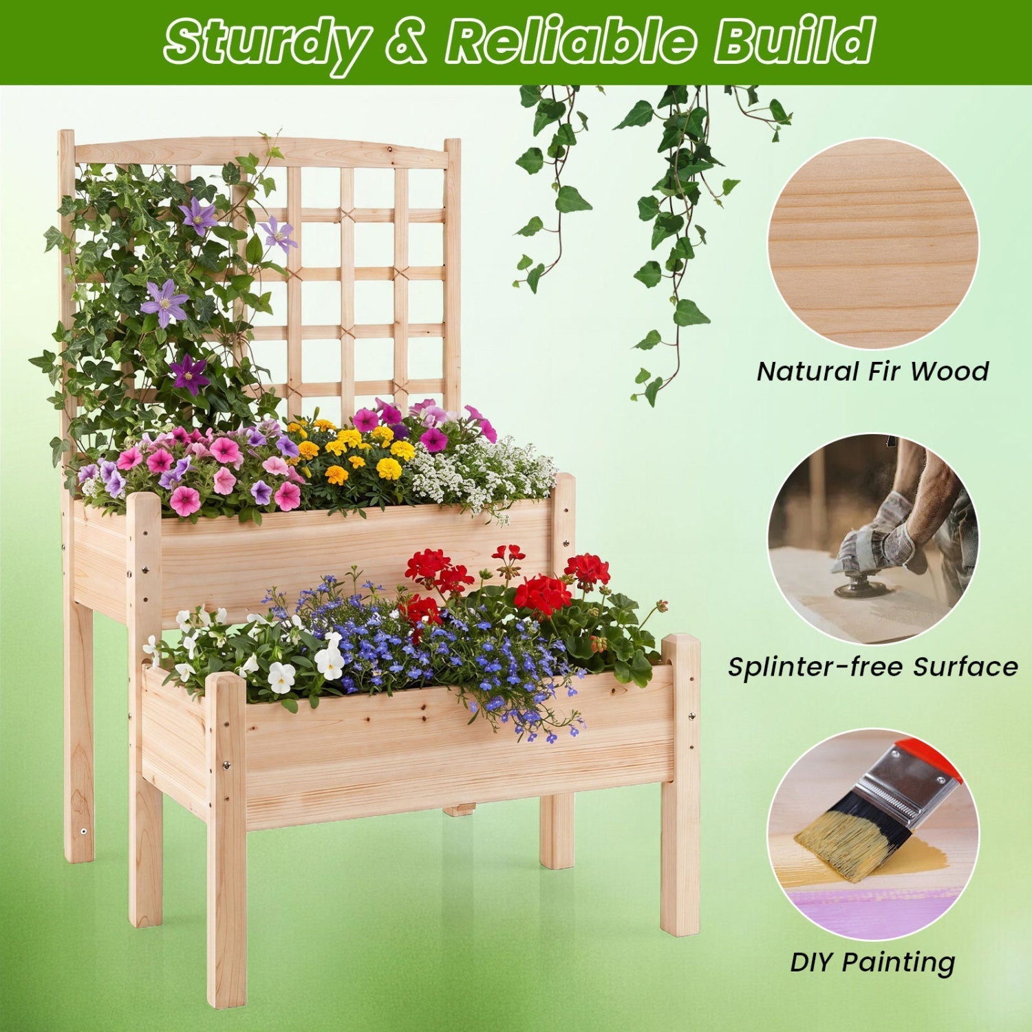 2-Tier Raised Garden Bed with Trellis for Climbing Plants