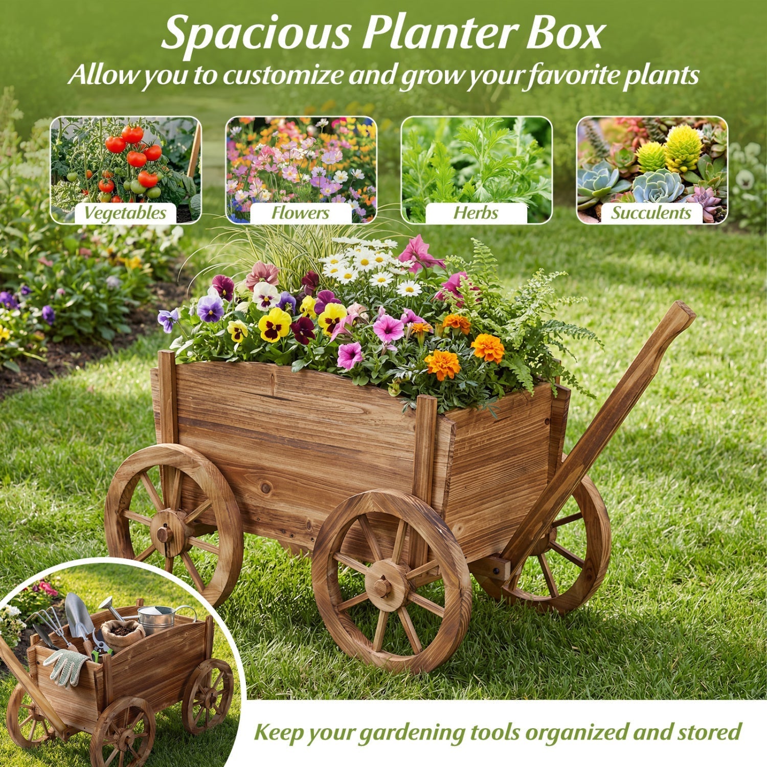 Rustic Rolling Flower Pot Stand with Wheels and Handle-Coffee