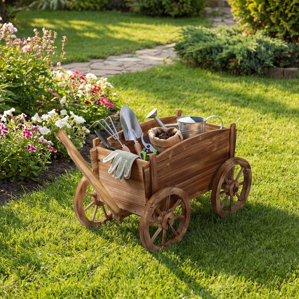 Rustic Rolling Flower Pot Stand with Wheels and Handle-Coffee